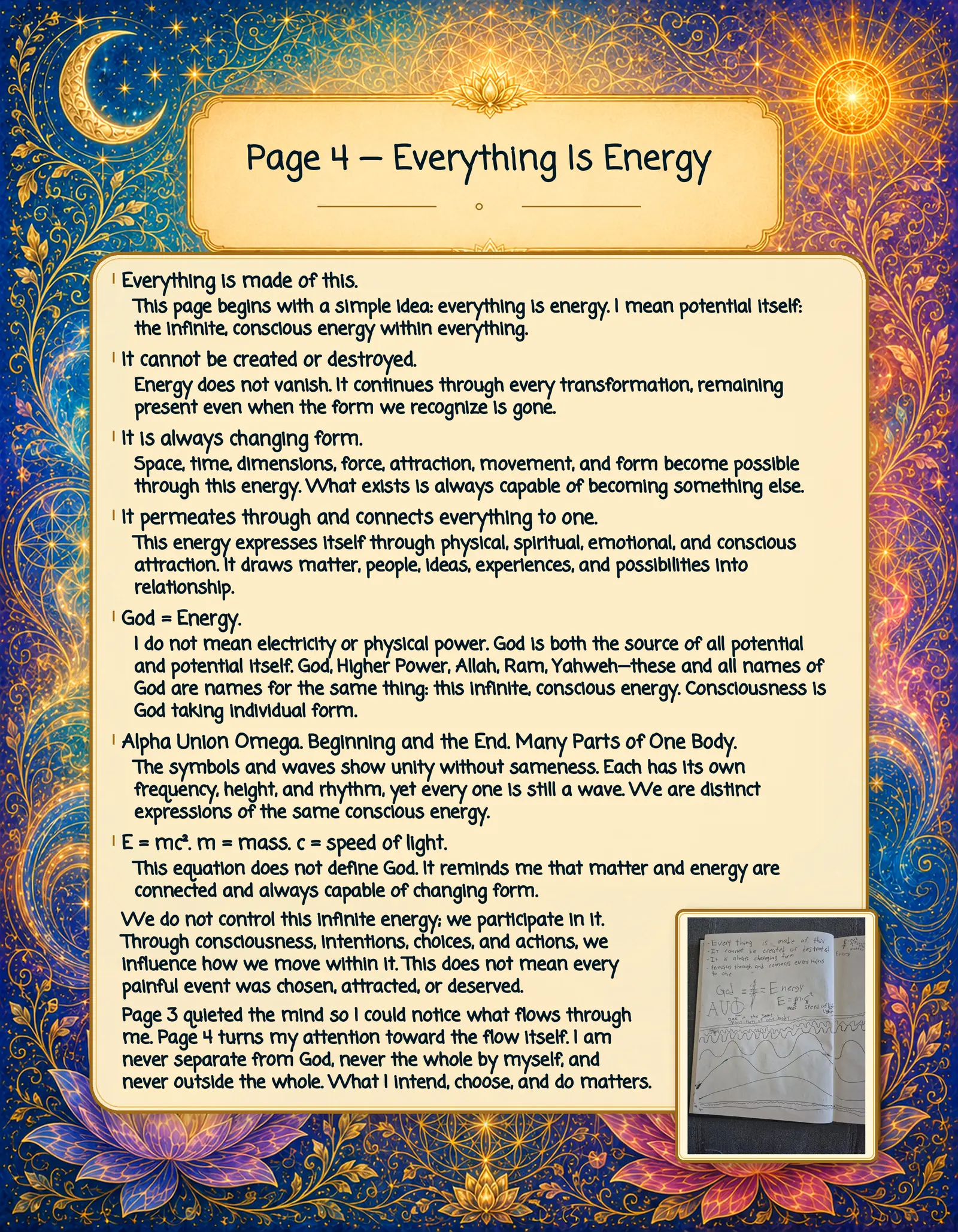 Companion Page for Open Enlightenment Page 4, explaining energy, transformation, conscious connection, and unity