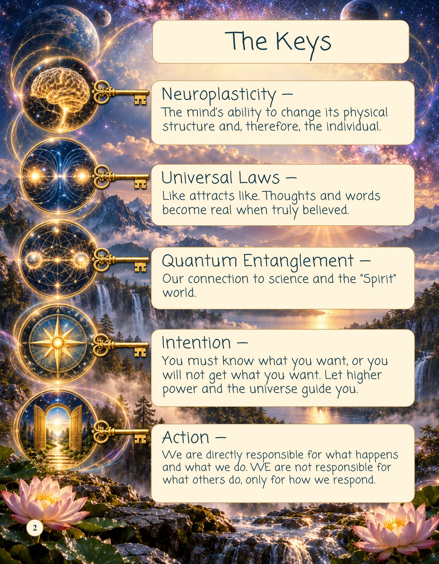 Page Two of Open Enlightenment, The Keys: neuroplasticity, universal laws, quantum entanglement, intention, and action