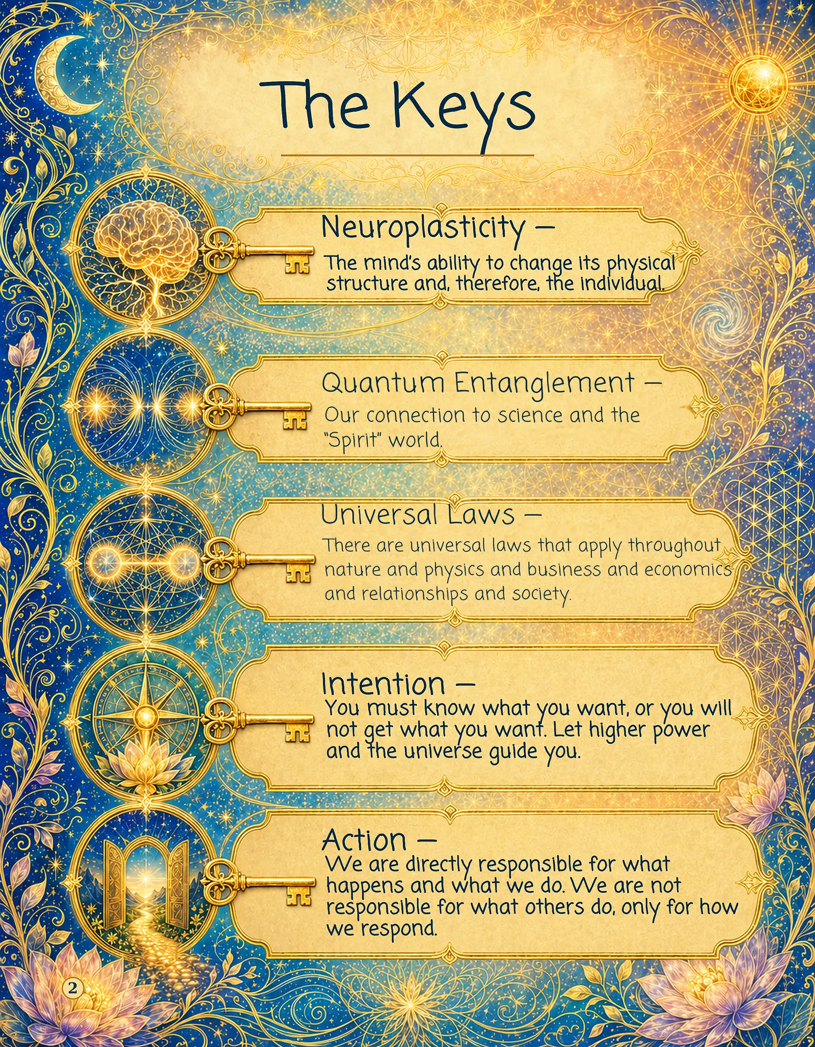 Page Two of Open Enlightenment, The Keys: neuroplasticity, quantum entanglement, universal laws, intention, and action